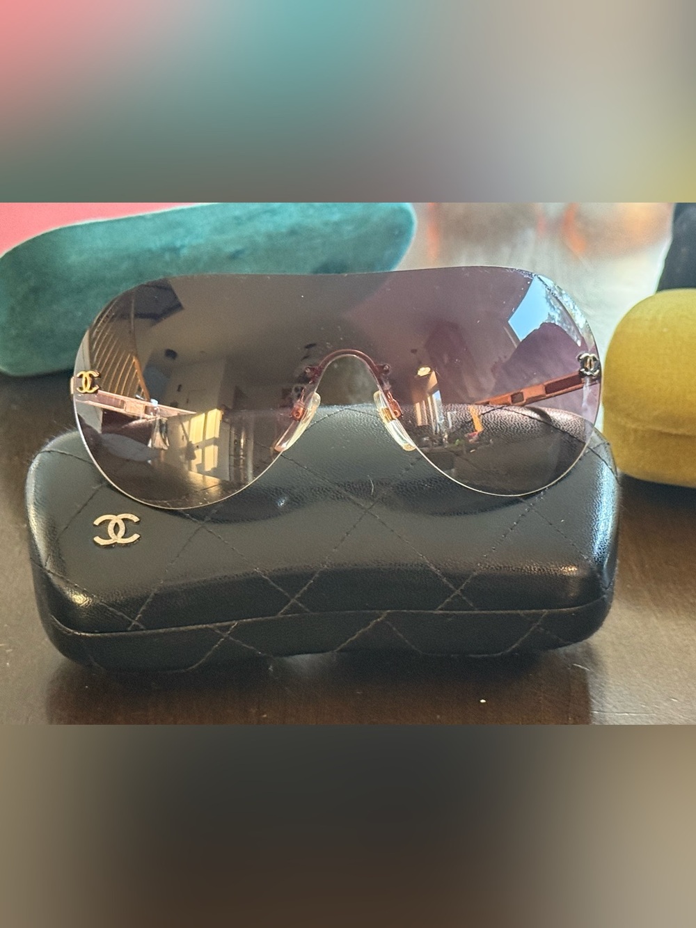 CHANEL Oversized Rimless Sunglasses in Gradient Purple with Gold CC Accents - Picture 10 of 14